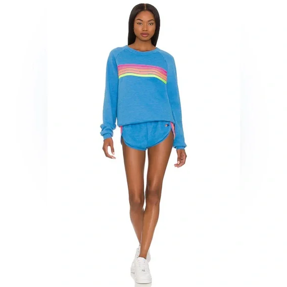 Aviator Nation 5 Stripe Crewneck Sweatshirt and 5 Stripe Jogger Shorts Set - Picture 1 of 17